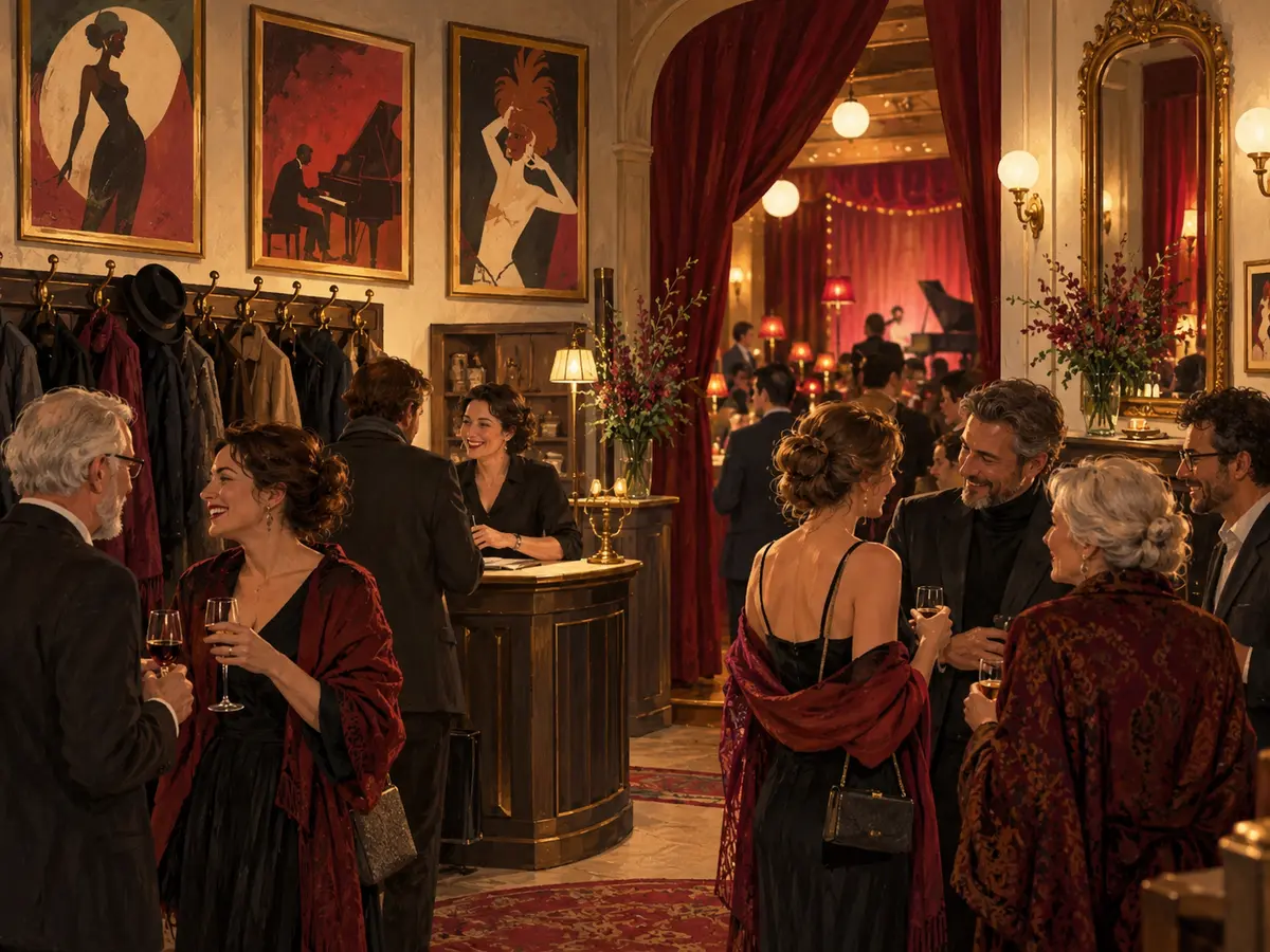 Illustration eines lebendigen Club-Foyers mit Gästen im Gespräch