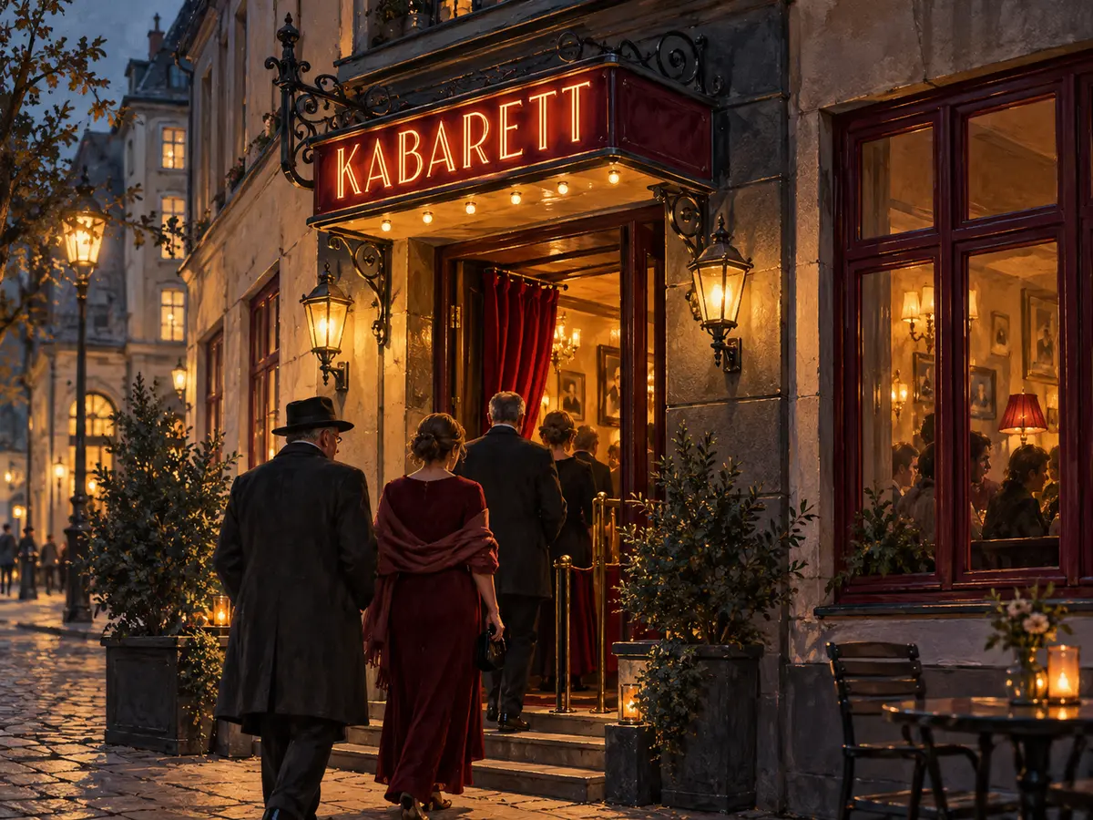 Illustration eines kleinen Kabarettclubs mit leuchtendem Kabarett-Schild