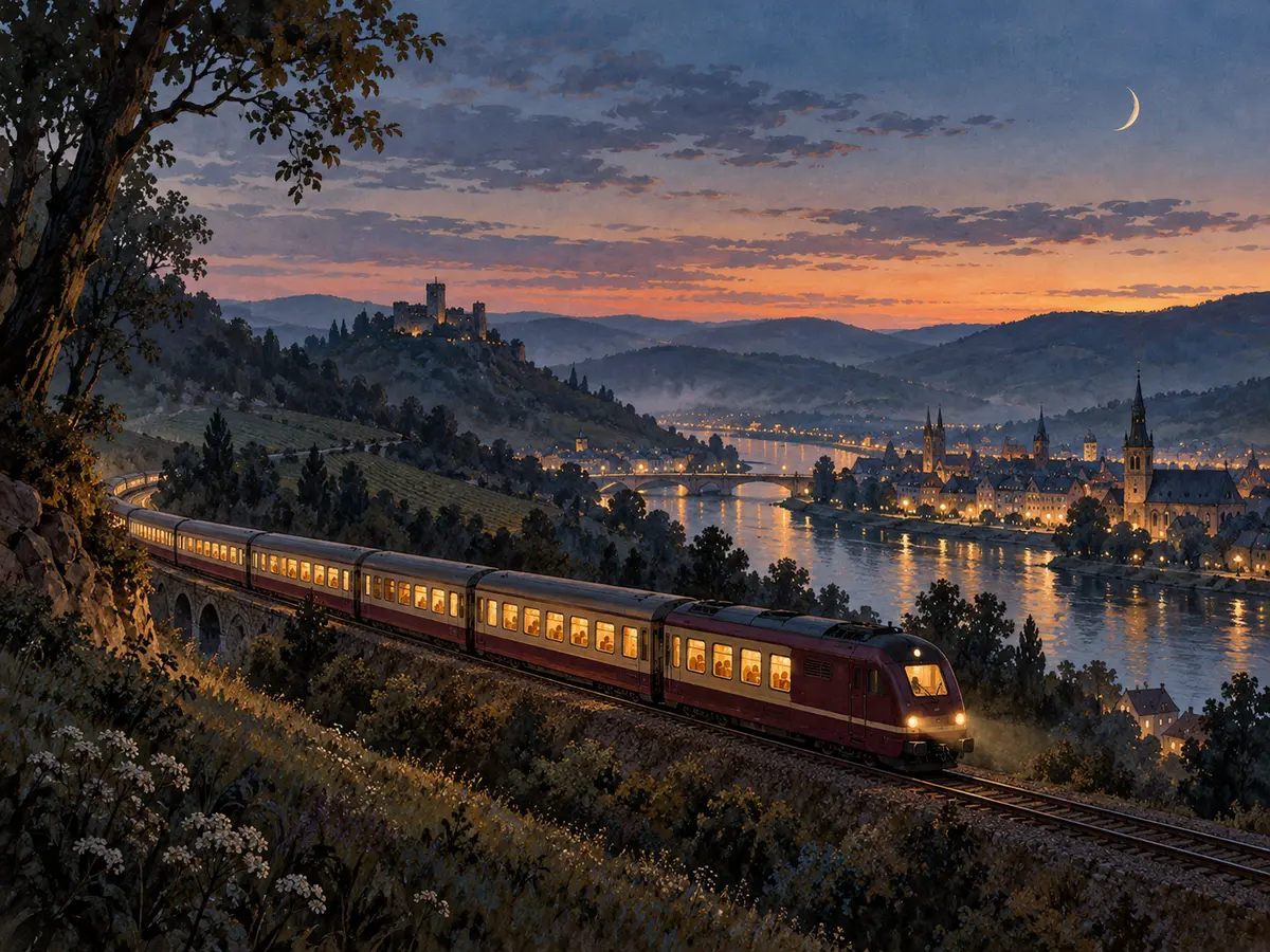 Illustration eines fahrenden Zuges in der abendlichen Landschaft
